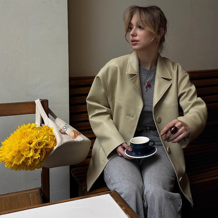 Damen Boxy Oversize Blazerjacke aus veganem Lederimitat mit überschnittener Schulter Drune