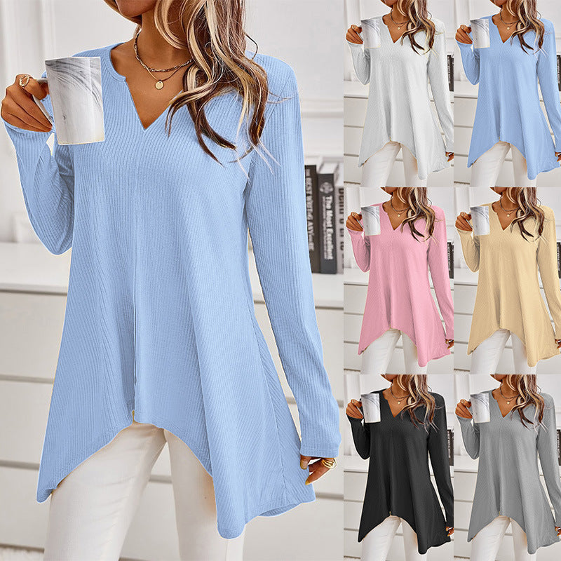 Damen Ripp Longsleeve Tunika mit V-Ausschnitt und asymmetrischem Haifischsaum Drune