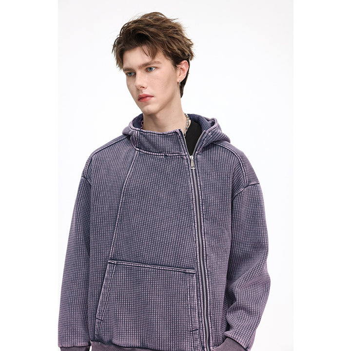 Herren Oversize Waffelstruktur-Kapuzenjacke mit hohem Schlauchkragen und diagonalem Reißverschluss Drune