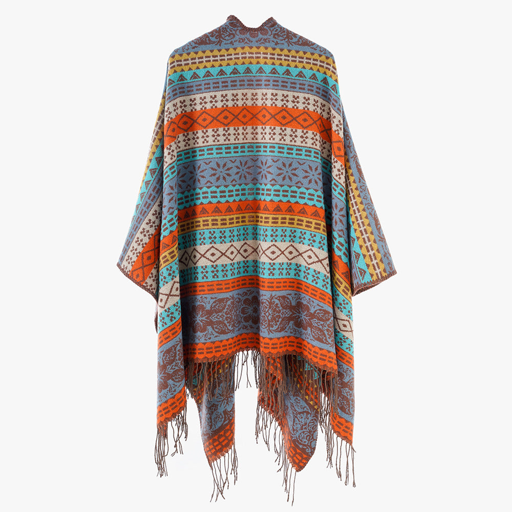 Damen Cape-Poncho mit mehrfarbigem Jacquard, offener Front und Fransensaum Drune