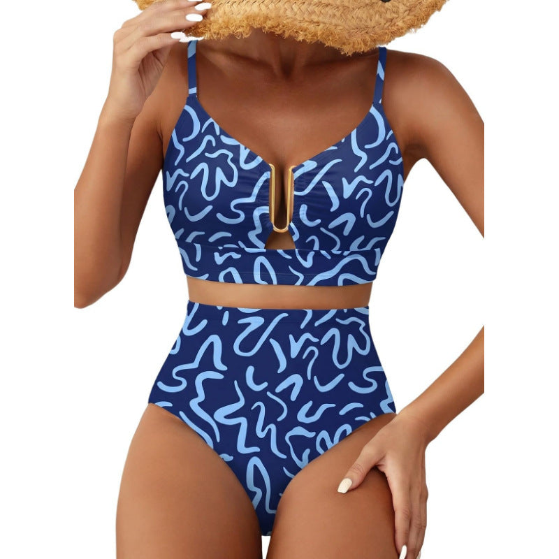 Damen Hoch geschnittener Bikini mit floralem Muster und Leo-Print Drune