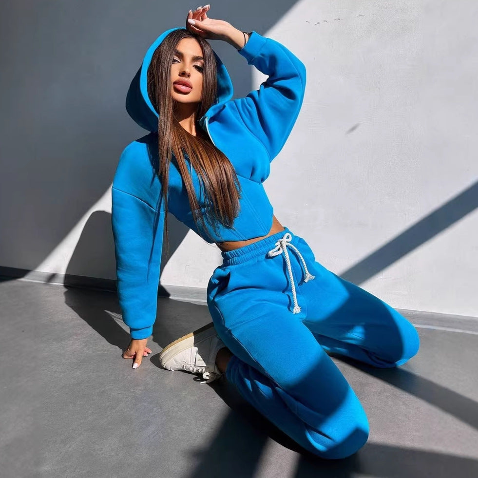 Damen Crop-Kapuzenjacke mit Korsagennaht und High-Waist Jogginghose Drune