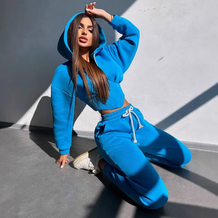 Damen Crop-Kapuzenjacke mit Korsagennaht und High-Waist Jogginghose Drune