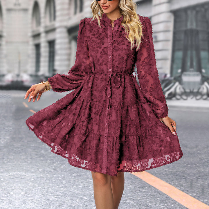 Damen Texturiertes Blusen‑Skaterkleid mit Volantstufen, durchgehender Knopfleiste und Taillenzug Drune
