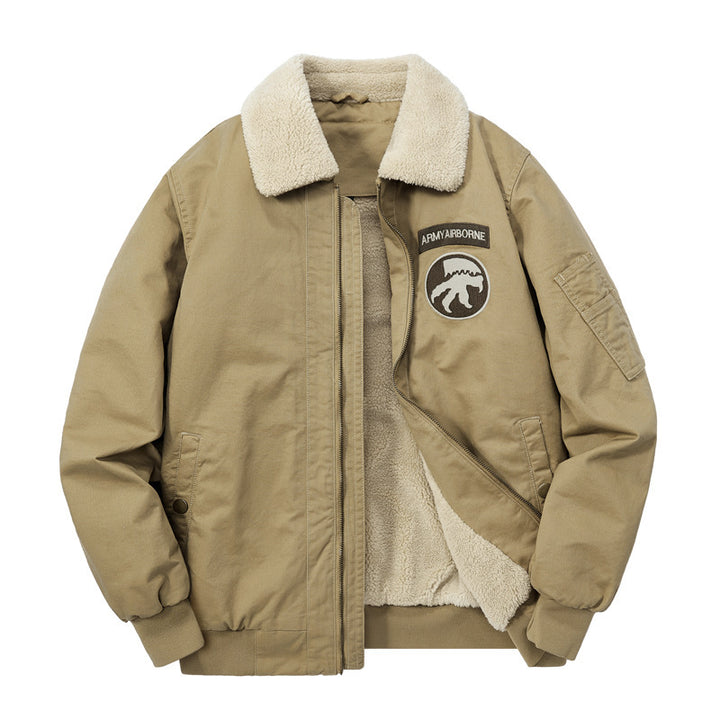 Herren Sherpagefütterte Pilotenjacke im Bomberstil mit Teddykragen und Utility‑Details Drune