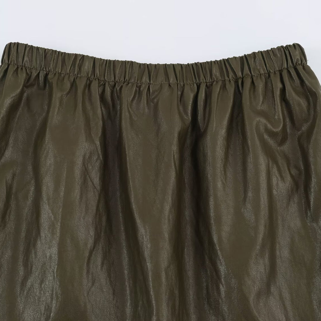 Damen Midirock aus beschichtetem Kunstleder mit elastischem Bund und doppellagigem Volantbesatz Drune