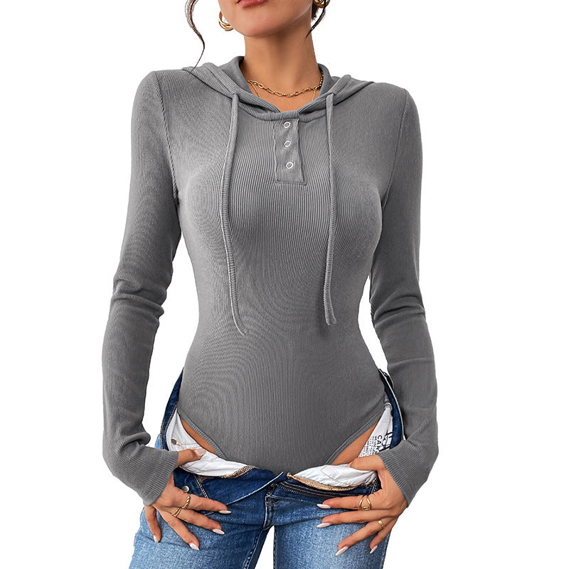 Damen Langarm Body mit Kapuze und Knopfdetail Drune