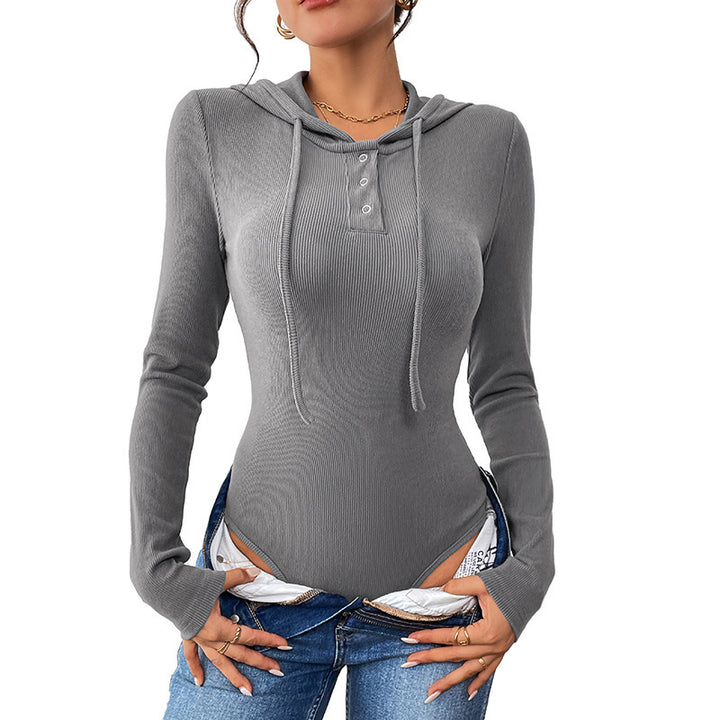 Damen Langarm Body mit Kapuze und Knopfdetail Drune