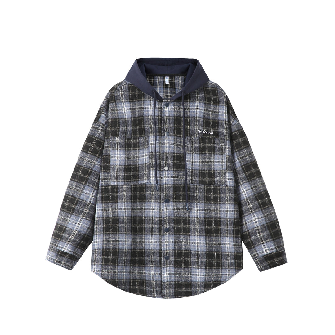 Unisex Oversized Karo-Hemdjacke mit Kapuze, Druckknöpfen und Brusttasche Drune