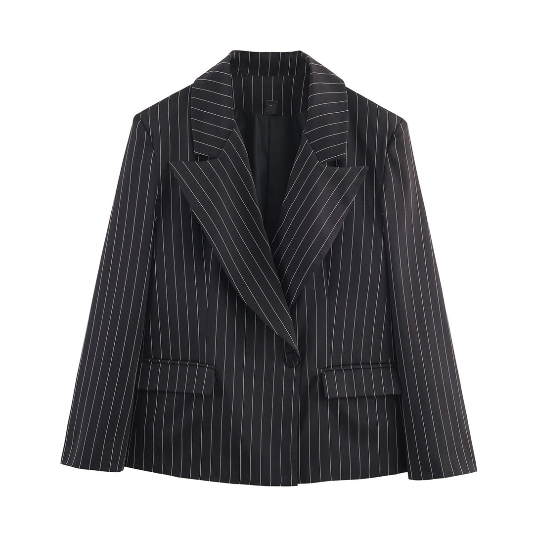 Damen Nadelstreifen-Blazer mit weitem Revers, Ein-Knopfverschluss und Pattentaschen Drune