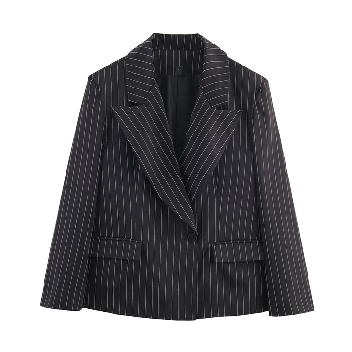 Damen Nadelstreifen-Blazer mit weitem Revers, Ein-Knopfverschluss und Pattentaschen Drune