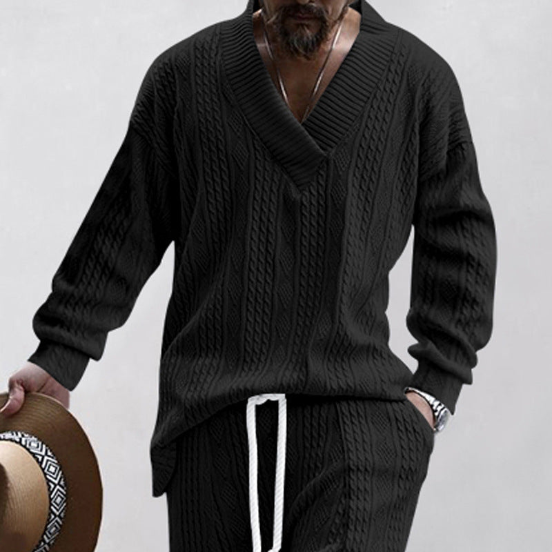 Herren Zopfstrick-Loungewear-Set mit tiefem V-Ausschnitt, Relaxed-Fit & Kordelhose Drune