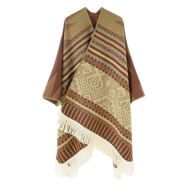 Damen Ethno-Jacquard Cape aus Wollmix mit asymmetrischem Saum, V-Ausschnitt und Fransen Drune