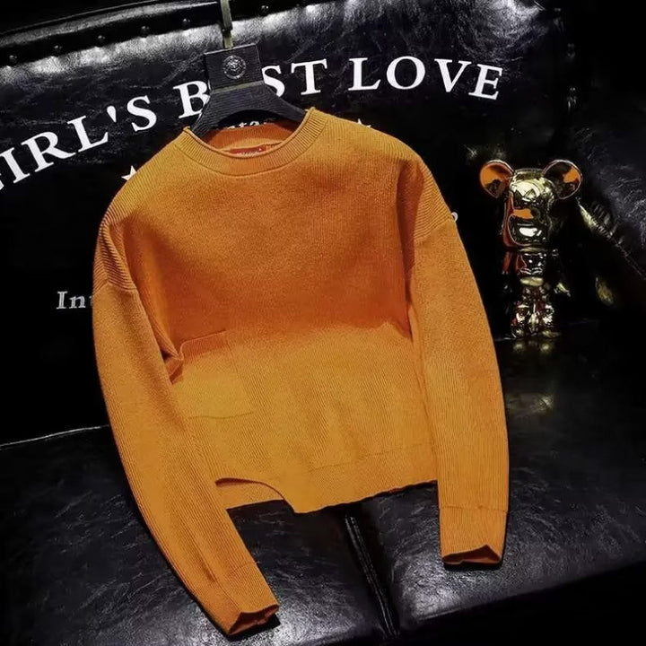 Damen Kurz geschnittener Strickpullover mit unregelmäßigem Saum und Rundhalsausschnitt Drune