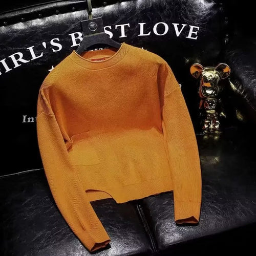 Damen Kurz geschnittener Strickpullover mit unregelmäßigem Saum und Rundhalsausschnitt Drune