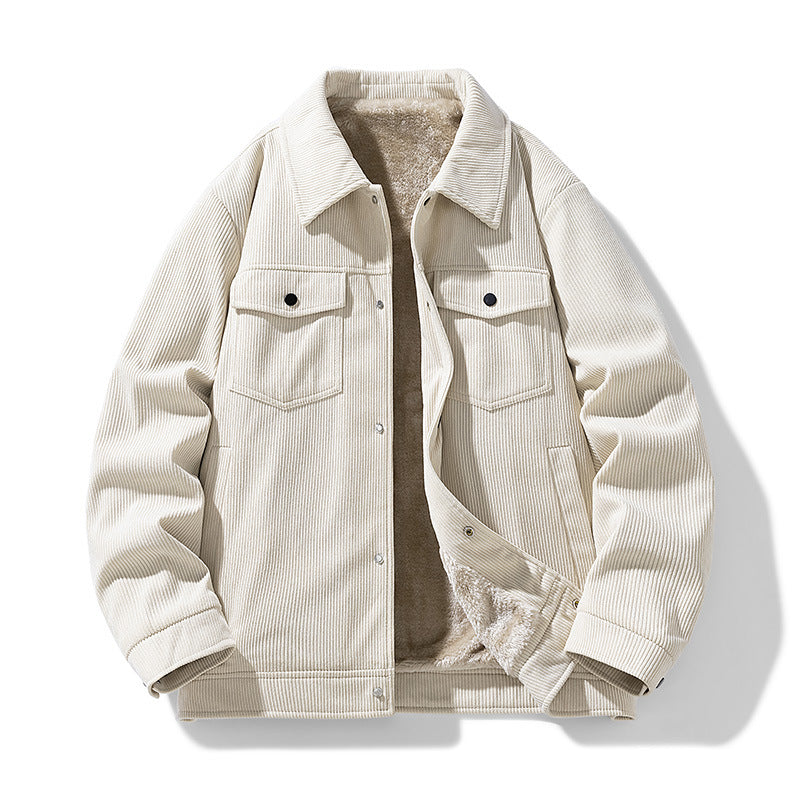 Männliche -Cord-Jacke mit Kunstschafsleder-Futter und Druckknopfverschluss Drune