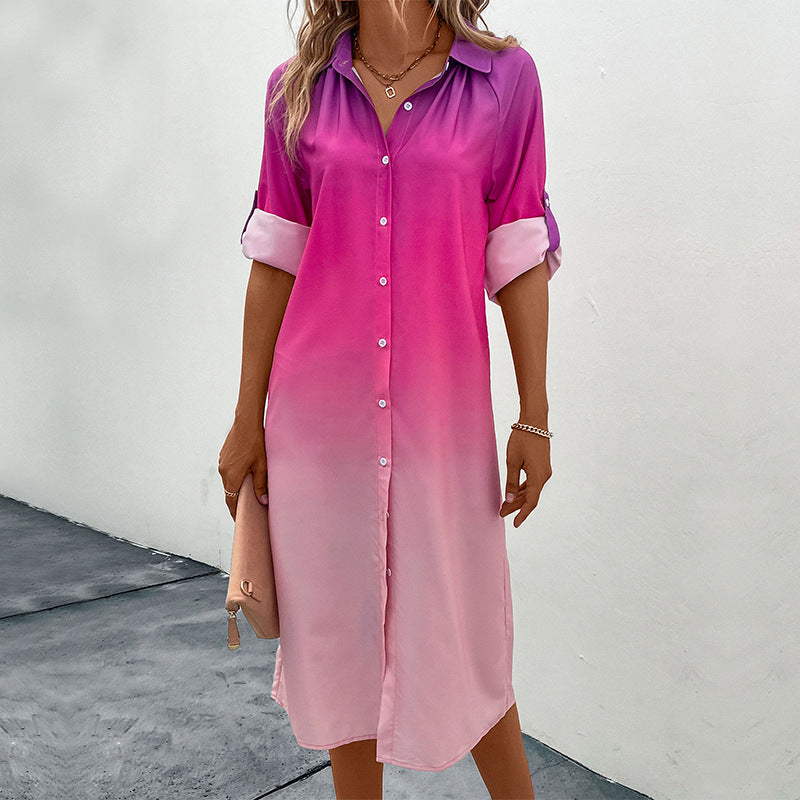 Damen Hemdblusenkleid mit sanftem Farbverlauf, lockerem Schnitt und krempelbaren dreiviertelärmeln Drune