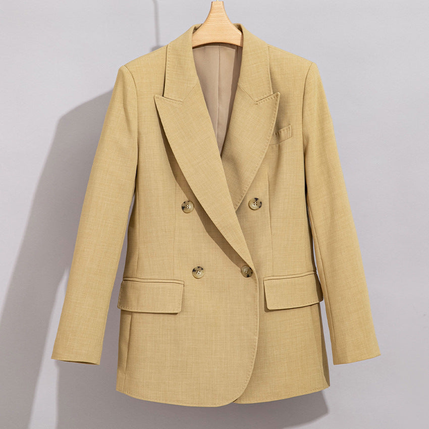 Damen Doppelreihiger strukturierter Blazer mit markantem Revers und Pattentaschen Drune