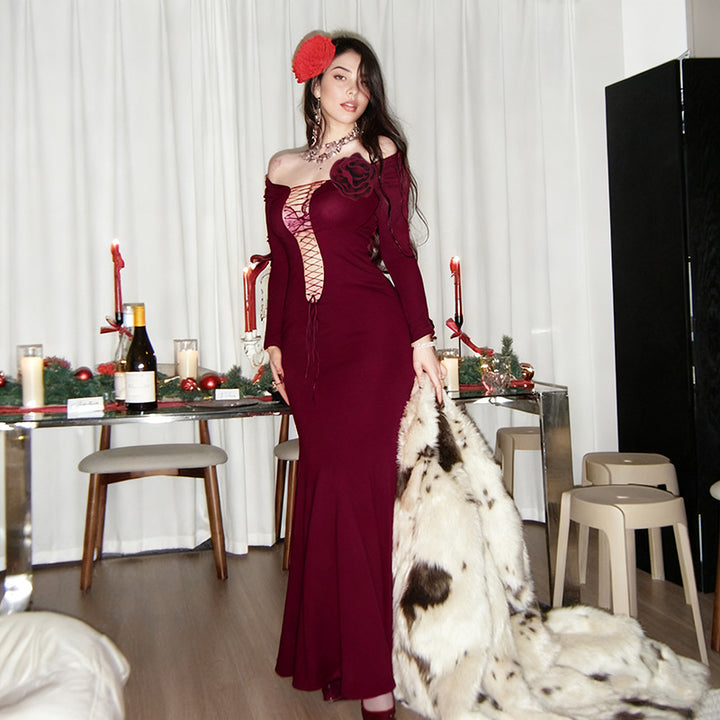 Damen figurbetontes Maxikleid mit Schnürung und floralem Detail Drune