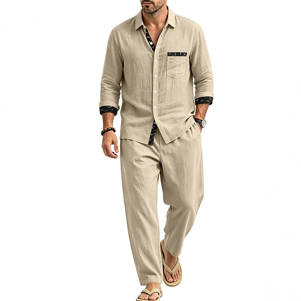 Herren Leichtes Leinenoptik Freizeit-Set mit Hemd und Relax-Hose Drune