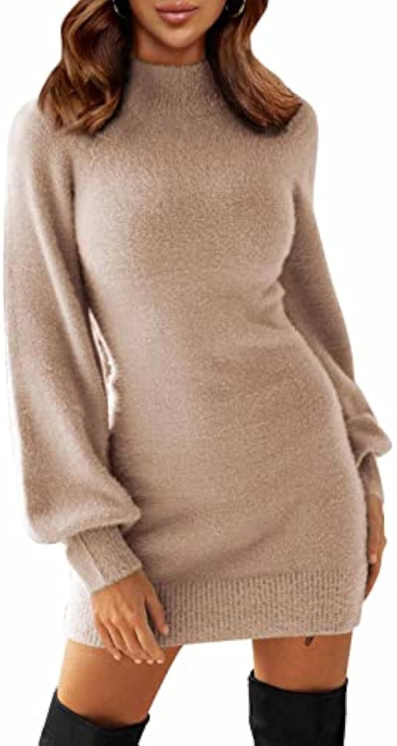 Damen Tailliertes Teddy-Strick-Minikleid mit Stehkragen und Ballonärmeln Drune