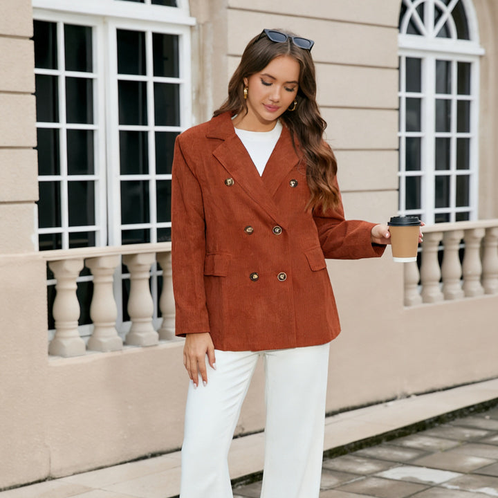 Damen Langer Cord-Blazer im Doppelreiher mit Reverskragen und Pattentaschen Drune