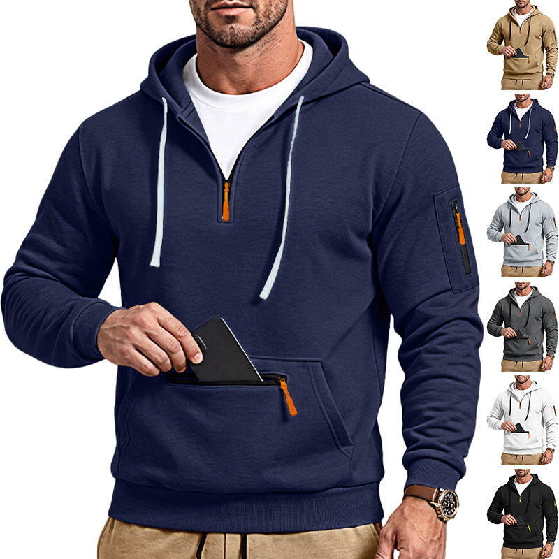 Herren sportlicher Kapuzenpullover mit halbem Reißverschluss und verschließbarer Kängurutasche Drune
