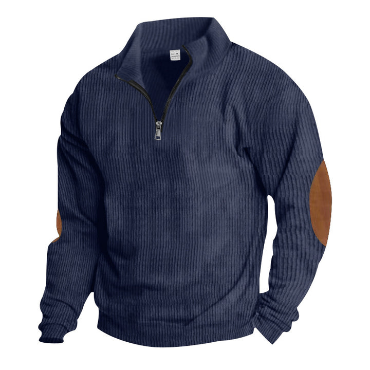 Herren nan gerippter Feinstrick-Pullover mit kurzem Reißverschluss Stehkragen und Lederoptik-Ellbogenpatches Drune