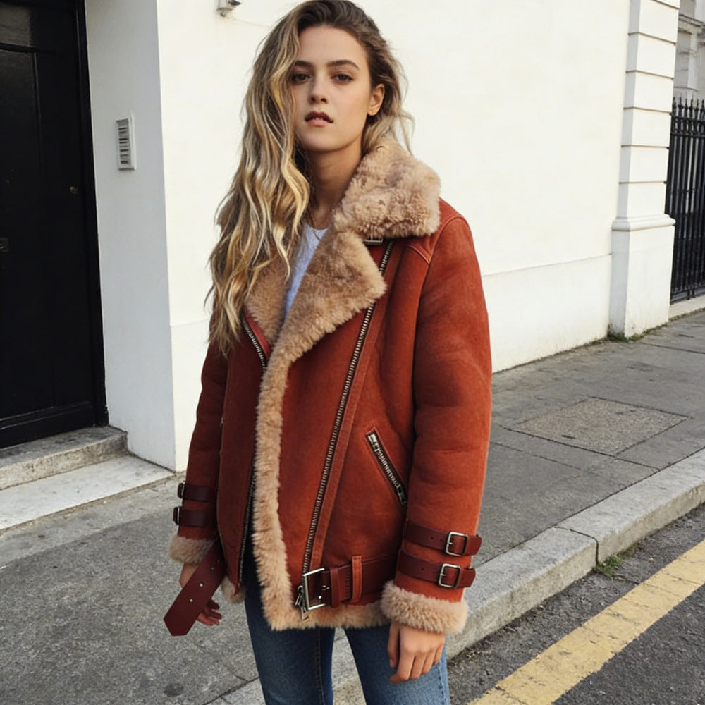 Damen nan flauschige Bikerjacke mit Teddyfutter und Schnallenbesatz Drune