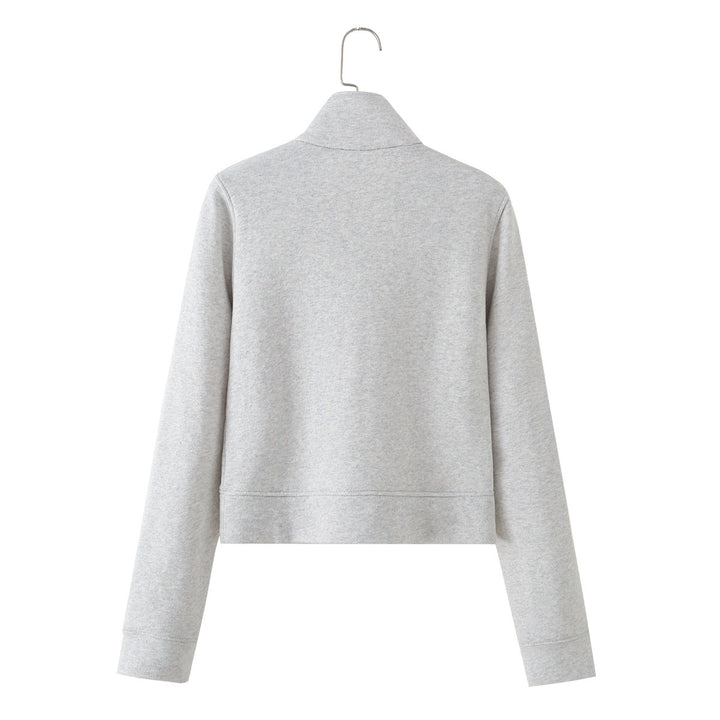 Damen Kurz geschnittene Sweatjacke mit Stehkragen und dekorativen Zierpaspeln Drune