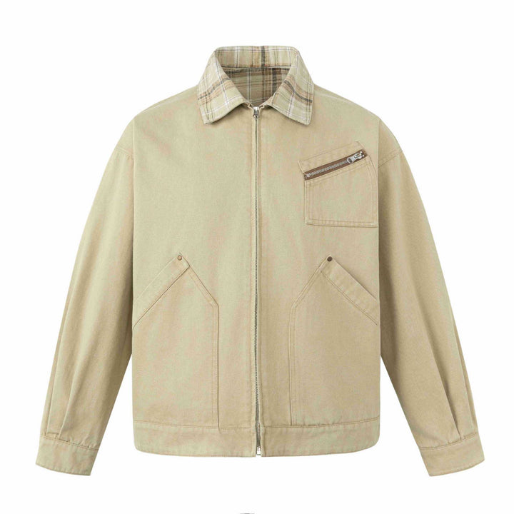 Herren Kurz geschnittener Canvas-Workwear-Blouson mit Karokragen und Zip-Brusttasche Drune