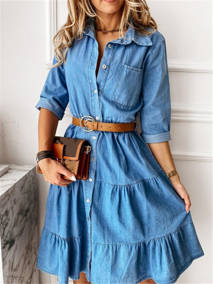 Damen nan Stufen-Hemdblusenkleid mit Taillenbetonung, durchgehender Knopfleiste und Brusttasche Drune