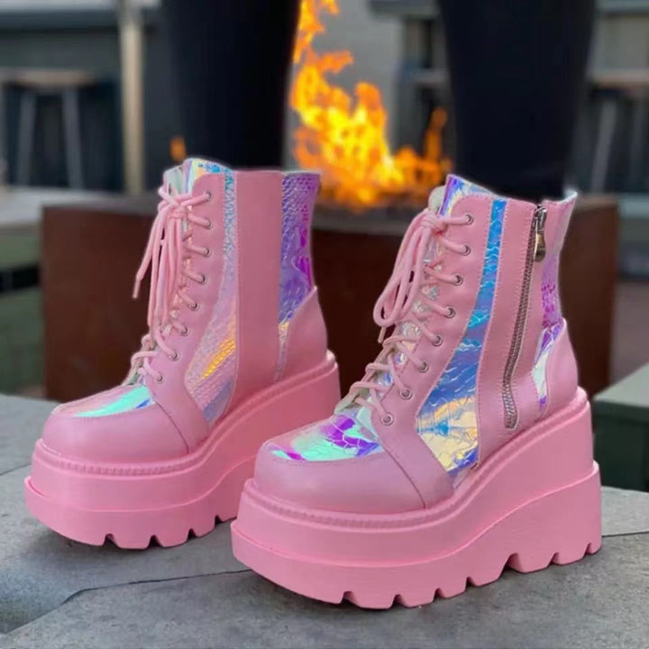 Damen nan Plateau-Bikerstiefel mit holografischen Einsätzen, Schnürung und seitlichem Reißverschluss Drune