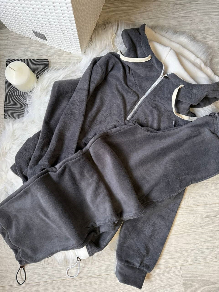 Damen Fleece-Loungewear-Set mit halbem Frontzip, gefütterter Kapuze und hochgeschnittener Komforthose Drune