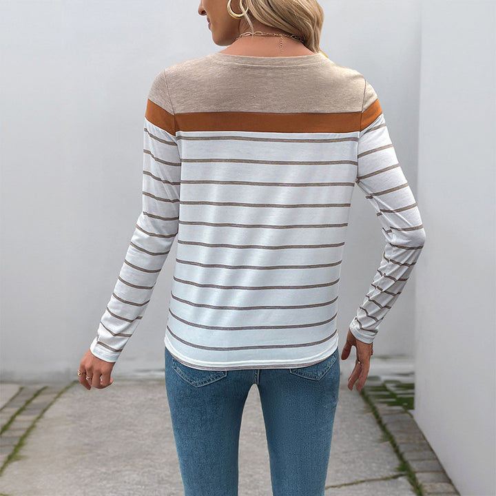 Damen Gestreiftes Langarmshirt mit U-Boot-Ausschnitt und Farbblock-Schulter Drune