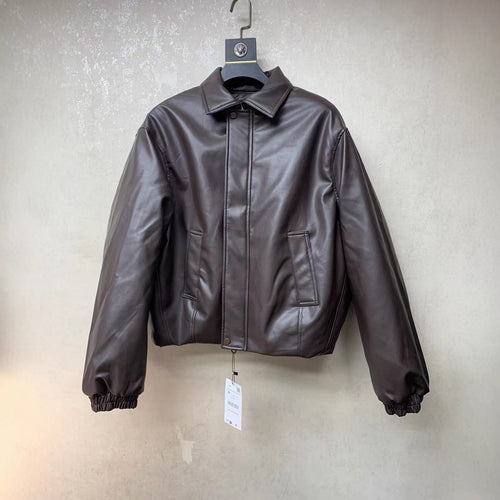 Herren Kurze Glattlederjacke mit Hemdkragen und verdeckter Zip‑Blende Drune