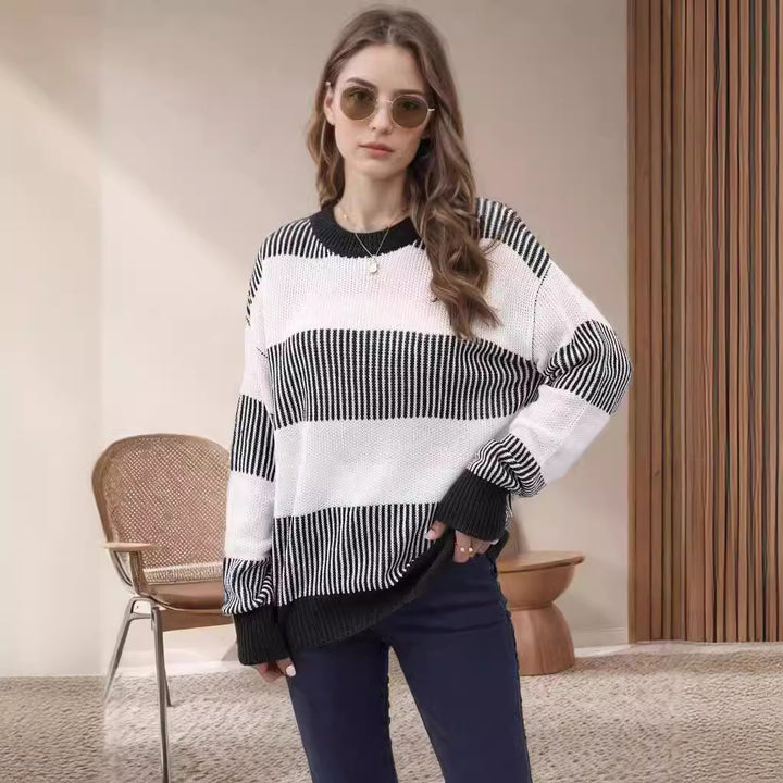 Damen lässiger Strickpullover mit breiten Streifen und weitem Schnitt Drune