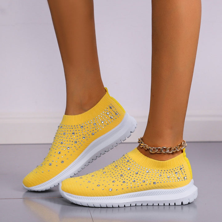Damen nan gestrickter Slip-On Sneaker mit Strassbesatz, elastischem Schaft und stoßdämpfender EVA-Sohle Drune