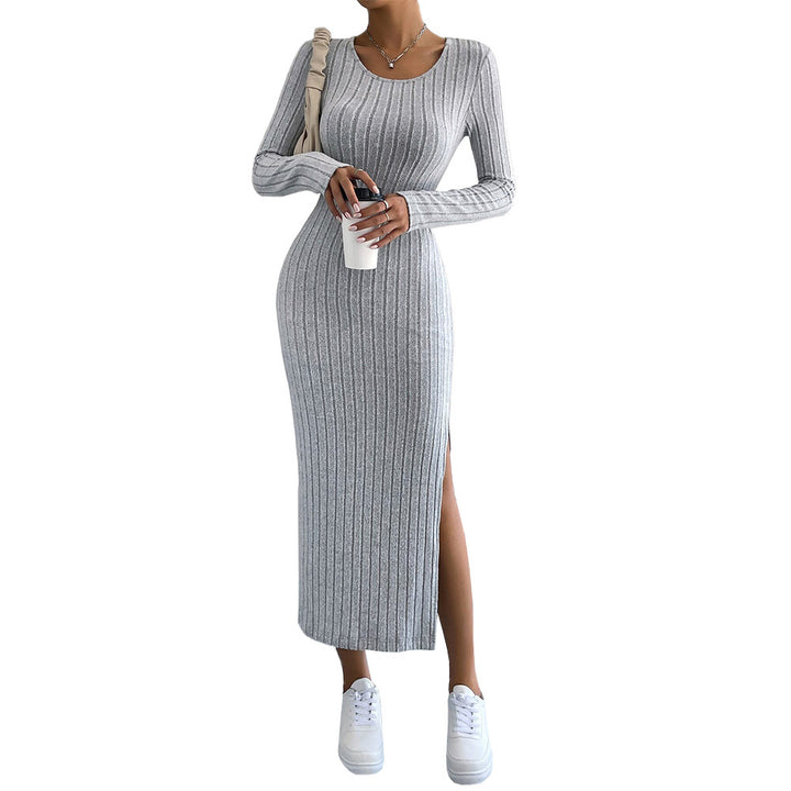 Damen figurbetontes Rippenstrick-Midikleid mit schmaler Silhouette, Rundhalsausschnitt und seitlichem Oberschenkelschlitz Drune