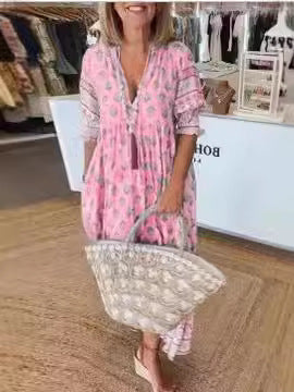 Frauen Boho Maxi Kleid aus leichtem Viskose-Mix mit V-Ausschnitt, Quastenbändchen, drei Viertelärmeln und seitlichen Taschen Drune