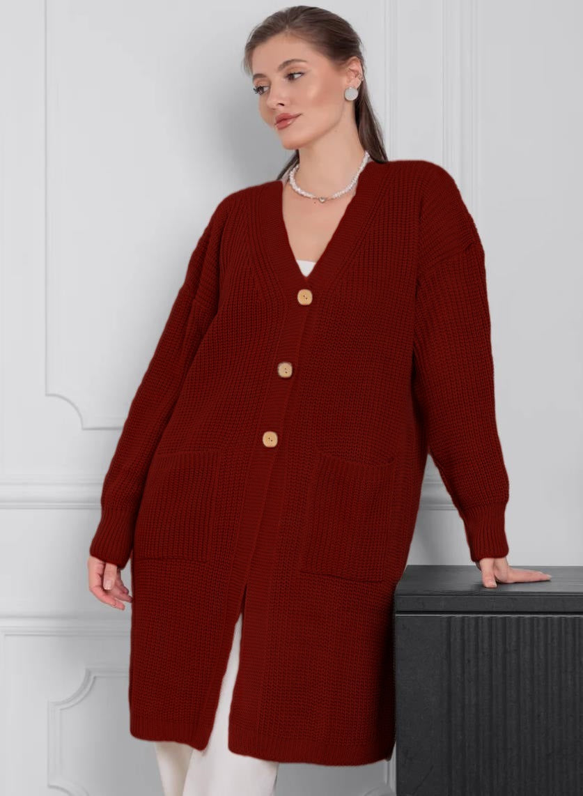 Damen Grobstrick-Cardigan mit schlichten Holzknöpfen und praktischen Taschen Drune