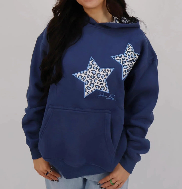 Damen nan Oversize-Kapuzenpullover mit Stern-Applikationen und gefütterter Kapuze Drune