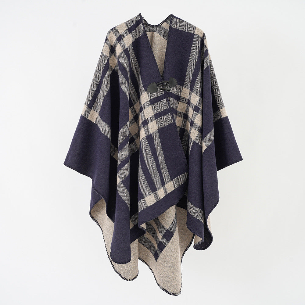 Damen Reversibler Wollmix-Poncho mit Knebelverschluss und Karomuster Drune