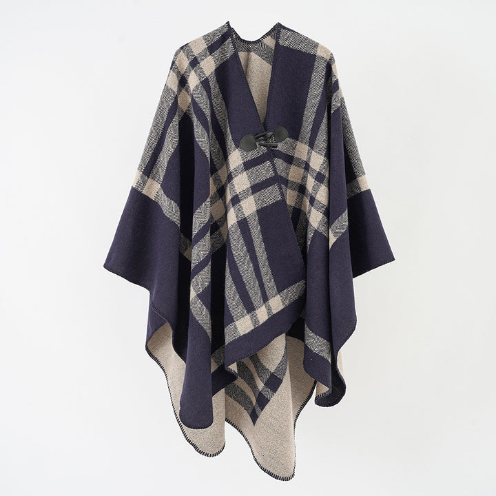 Damen Reversibler Wollmix-Poncho mit Knebelverschluss und Karomuster Drune