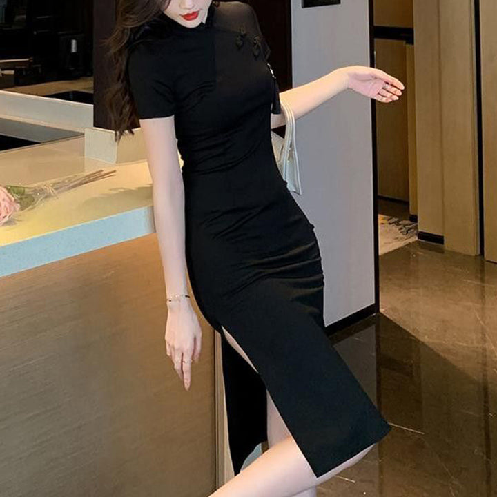 Damen elegantes Bodycon-Kleid mit hohem Schlitz und kurzen Ärmeln Drune