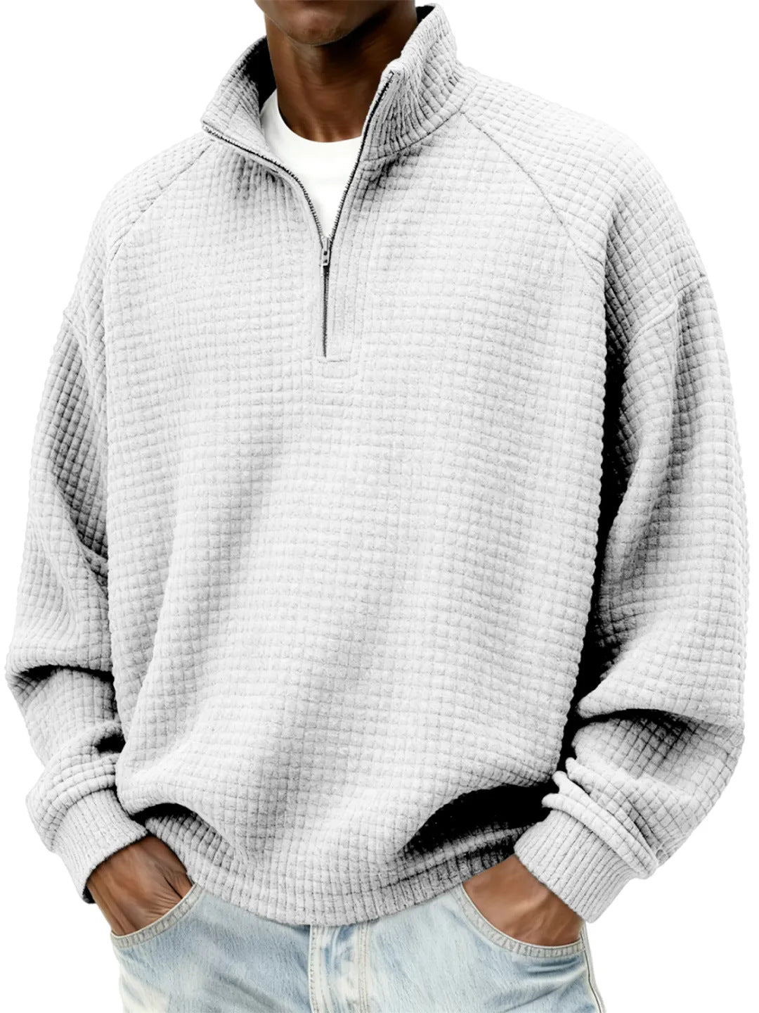 Herren Waffelstrick-Oversize-Pullover mit Halbreißverschluss und Stehkragen Drune