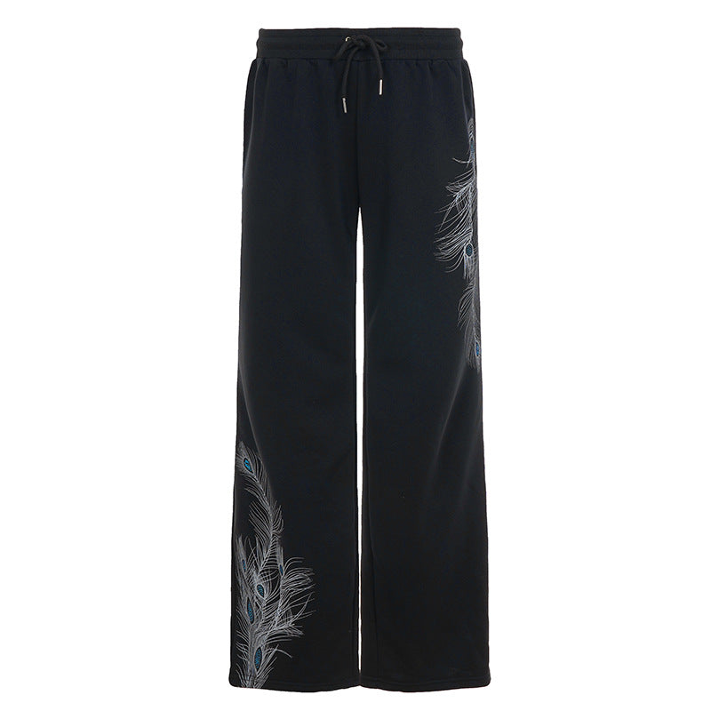 Damen nan weite Loungehose mit Kordelzug, hohem Komfortbund und Pfauenfeder-Print Drune