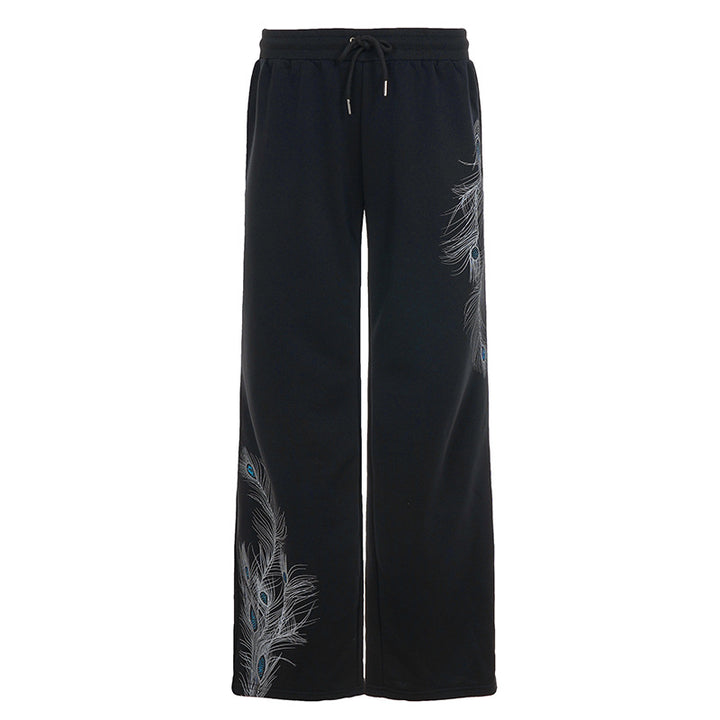 Damen nan weite Loungehose mit Kordelzug, hohem Komfortbund und Pfauenfeder-Print Drune