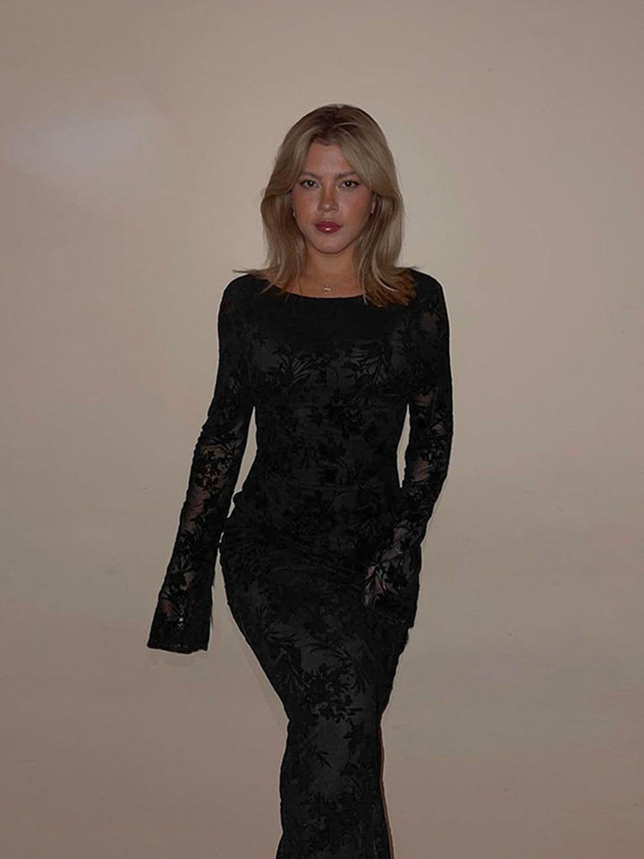 Damen Elegantes Maxikleid mit floralem Strukturdesign und langen Ärmeln Drune