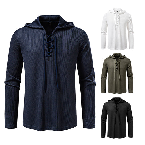 Herren Waffelstrick-Kapuzenpullover mit Schnürkragen und geradem Saum Drune